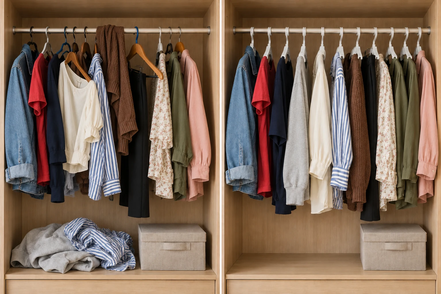 Exemplo visual: um guarda-roupa do dia a dia antes e depois de organizar as roupas com cabides iguais.