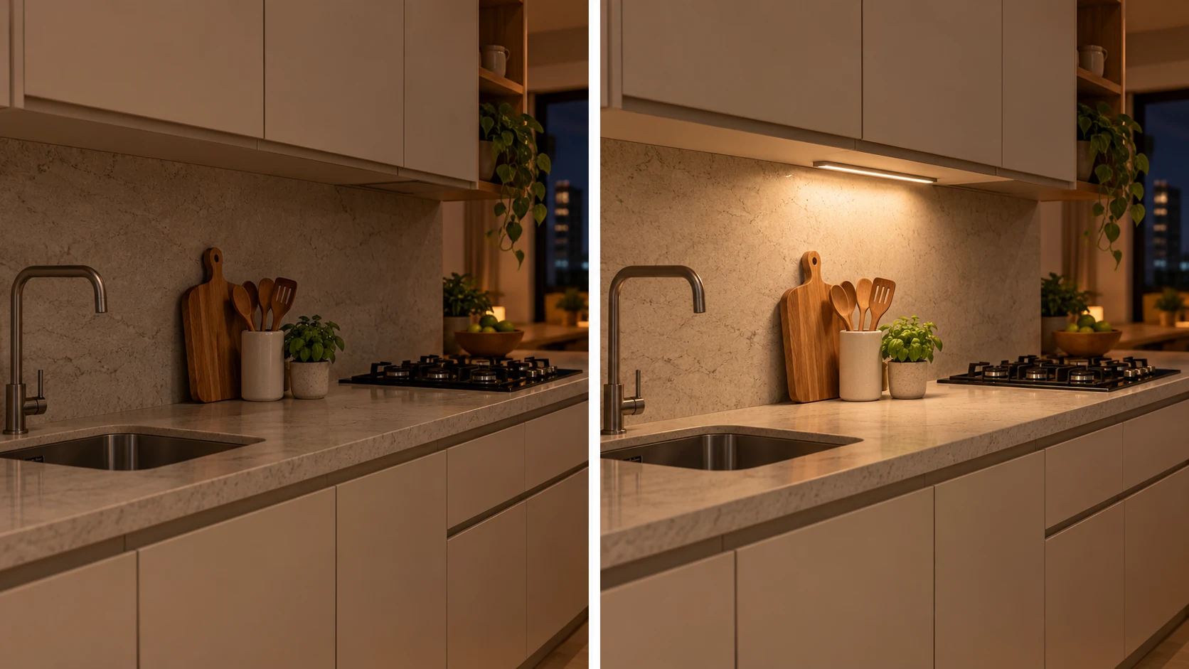 Exemplo visual: a mesma bancada de cozinha antes e depois de receber uma luz de apoio.