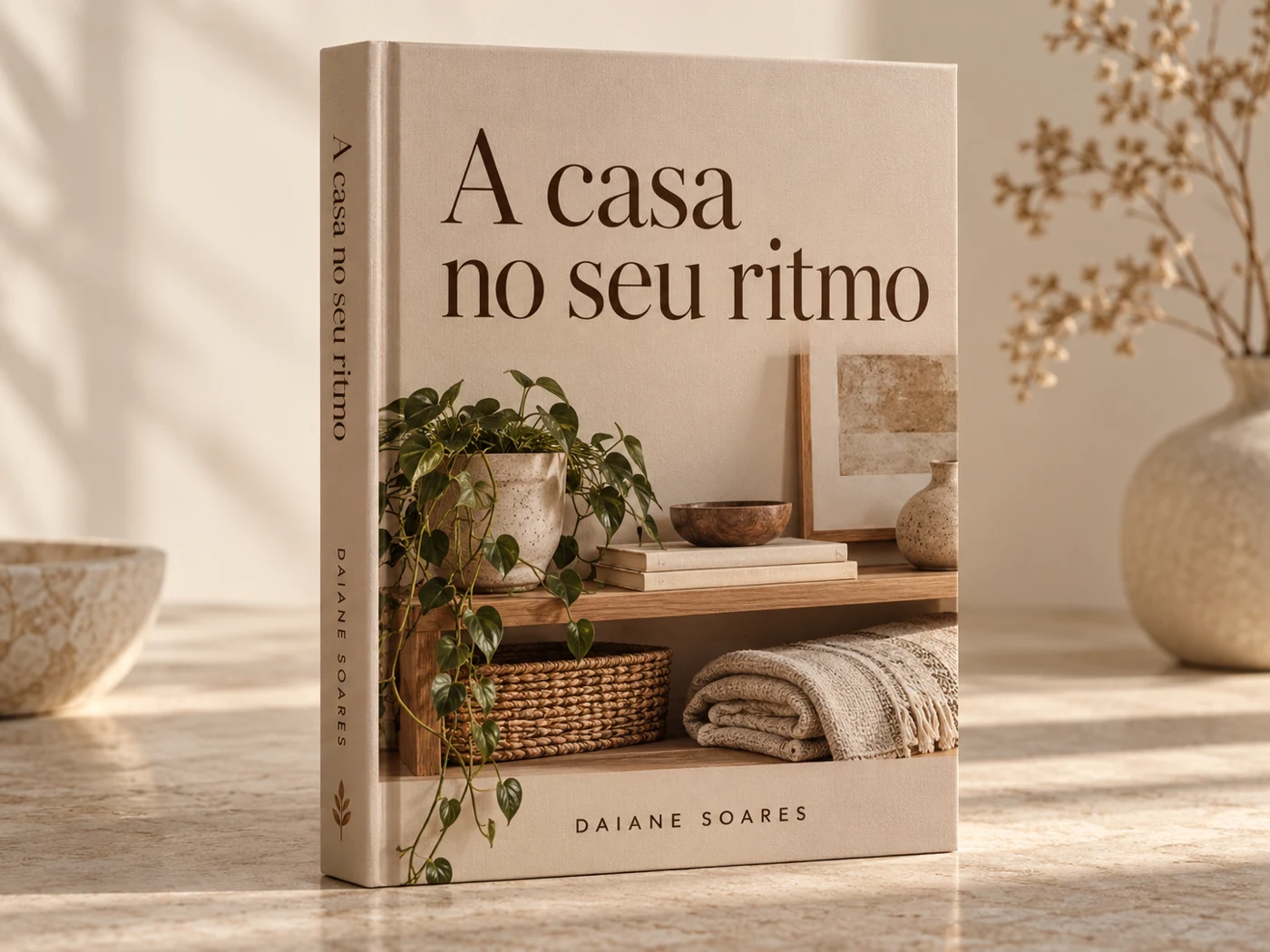 Prévia de apresentação do e-book A casa no seu ritmo, de Daiane Soares, em um mockup de livro bege com lombada e detalhes de uma casa acolhedora